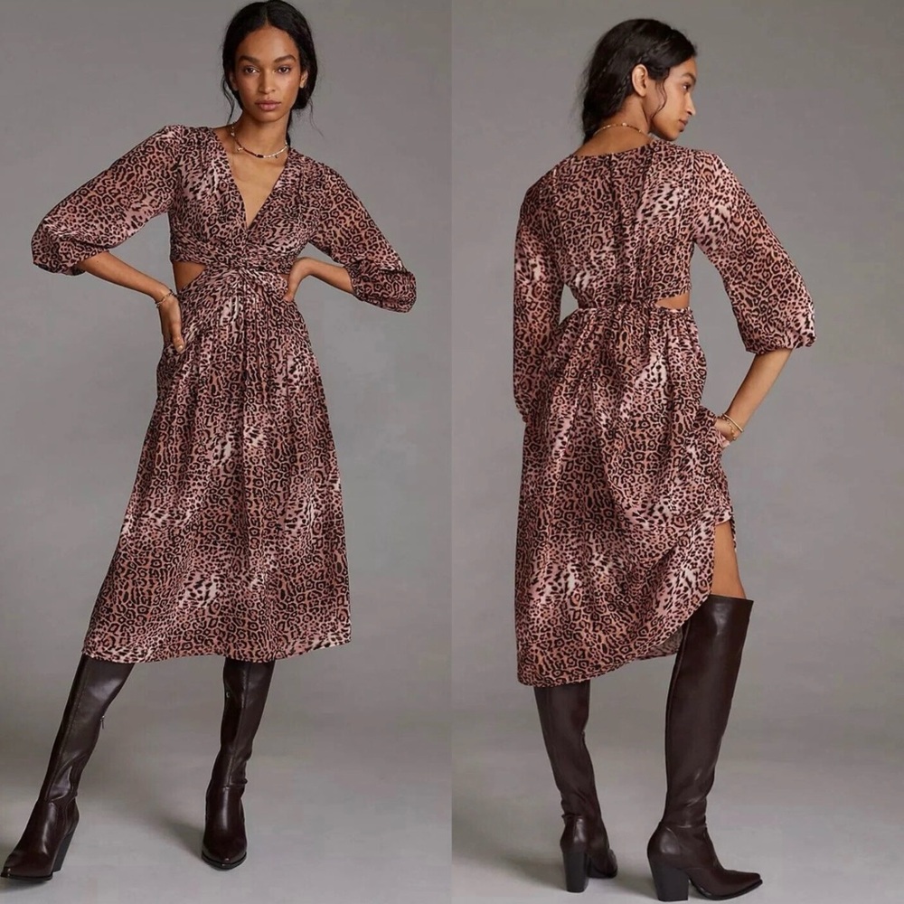 Ranna Gill x Anthropologie Leopard Print Cut Out Midi Dress Sz. XSP Sz. XS